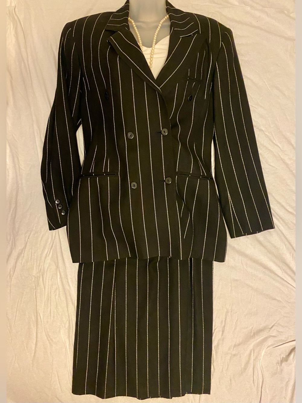 Perfect 90's Power Suit! Double-Breasted B&W Structured Pinstripe Made in USA